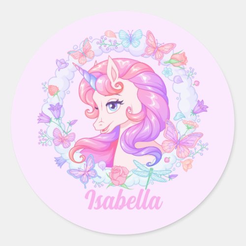 Floral Cute Unicorn Butterfly Personalized Name  Classic Round Sticker
