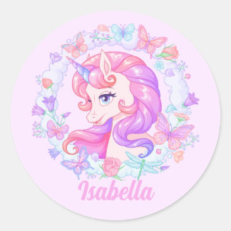 Floral Cute Unicorn Butterfly Personalized Name  Classic Round Sticker