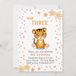Floral Cute Wild Three Tiger 3rd Birthday Invitation