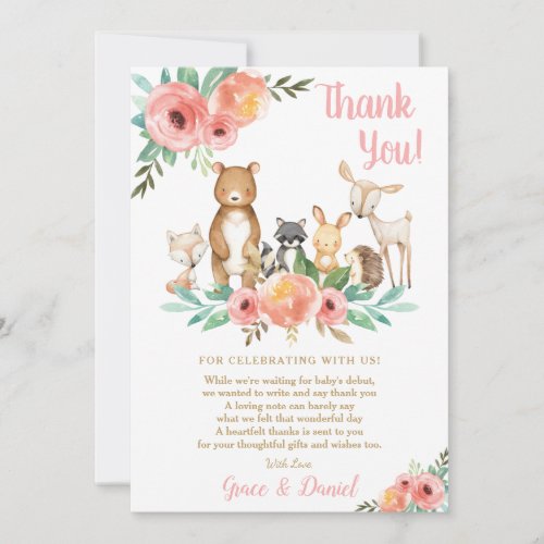 Floral Cute Woodland Animals Baby Shower Girl Thank You Card
