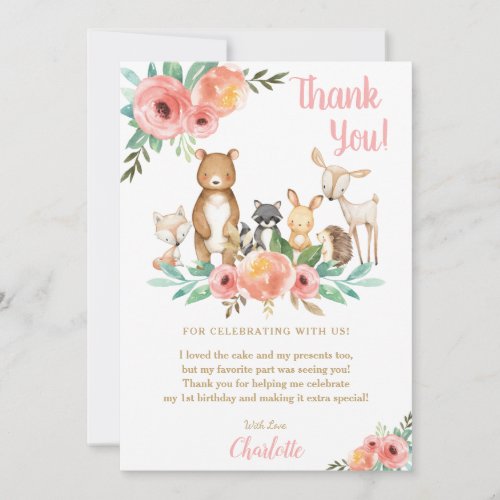 Floral Cute Woodland Animals Girl Birthday Party Thank You Card