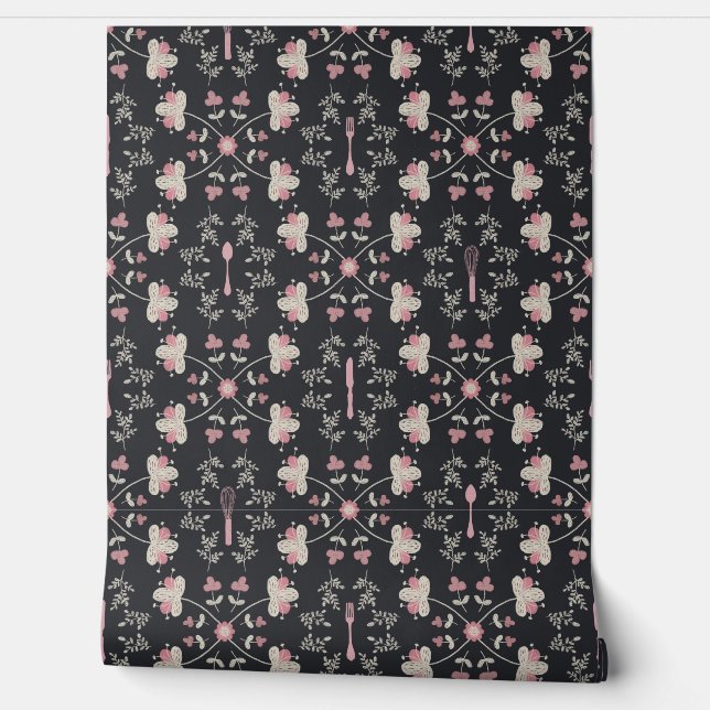 Floral Cutlery Pink Cream Charcoal Spoon Wallpaper (Unrolling)