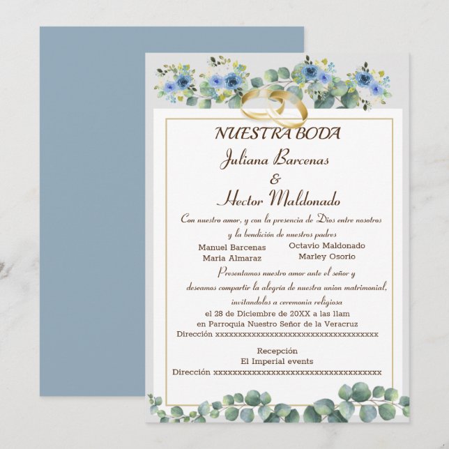 FLORAL CYAN BLUE NUESTRA BODA INVITATION (Front/Back)