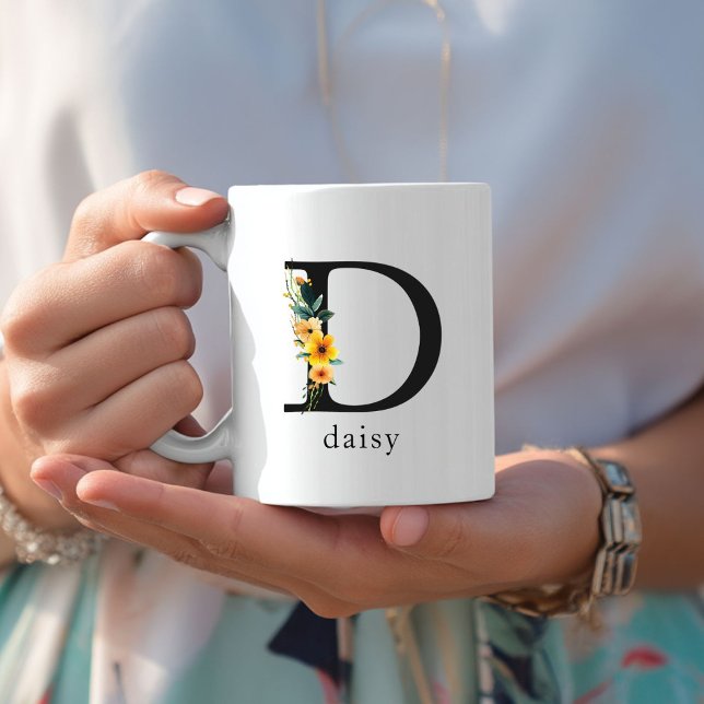 Floral D Monogram Mug with Editable Name (Floral D Monogram Mug with Editable Name. Yellow, Orange & Greenery Watercolor Flowers.)