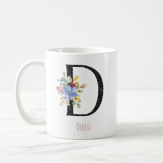 Floral D Monogram Name Black Polka Dot Coffee Mug