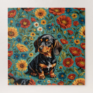 "Floral Dachshund Delight – Colorful Dog Puzzle" Jigsaw Puzzle