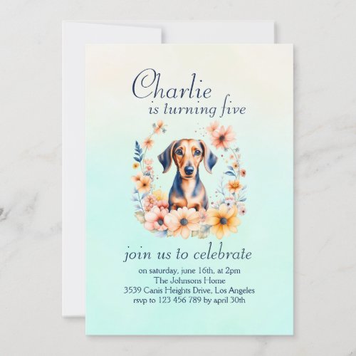 Floral Dachshund Dog Birthday Invitation