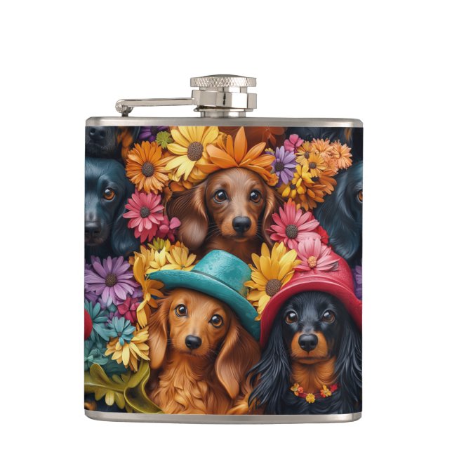 Floral Dachshund Seamless Pattern - Dog Lovers Flask (Front)