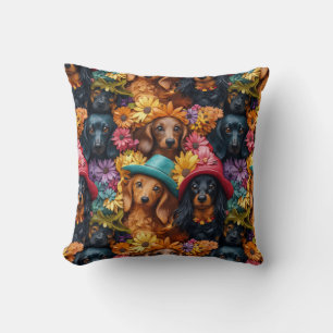 Floral Dachshund Seamless Pattern - Dog Lovers Throw Pillow