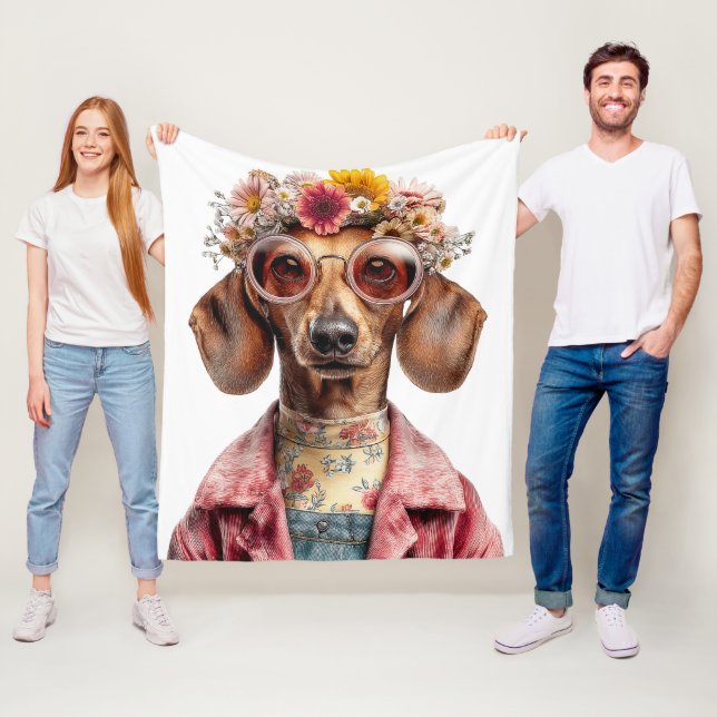 Floral Dachshund with Vintage Style Fleece Blanket (In Situ)