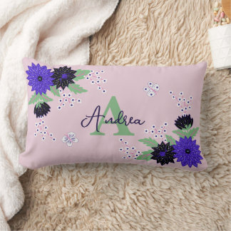 Floral Dahlia Bloom Bouquet Custom Monogram Name Lumbar Pillow