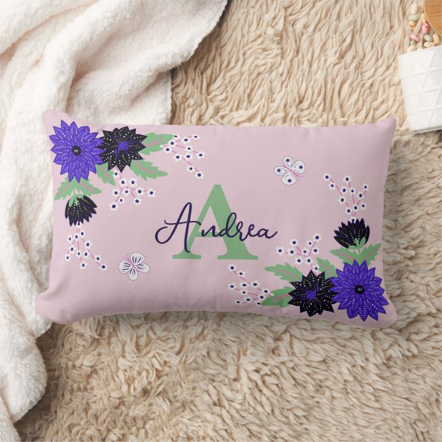 Floral Dahlia Bloom Bouquet Custom Monogram Name Lumbar Pillow (Blanket)