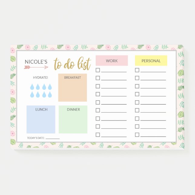 Floral Daily Organizer - Hydrate - To Do List Post-it Notes (Front)