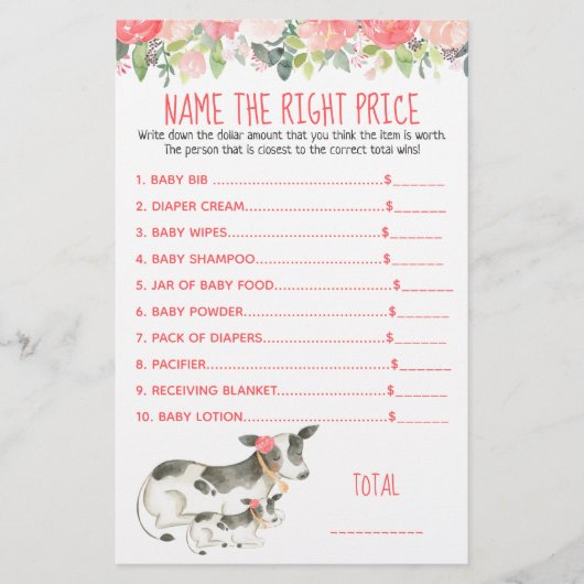 Floral Dairy Cow Farm Name the Price Shower Game (Front)