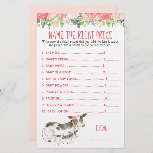 Floral Dairy Cow Farm Name the Price Shower Game (Front/Back)