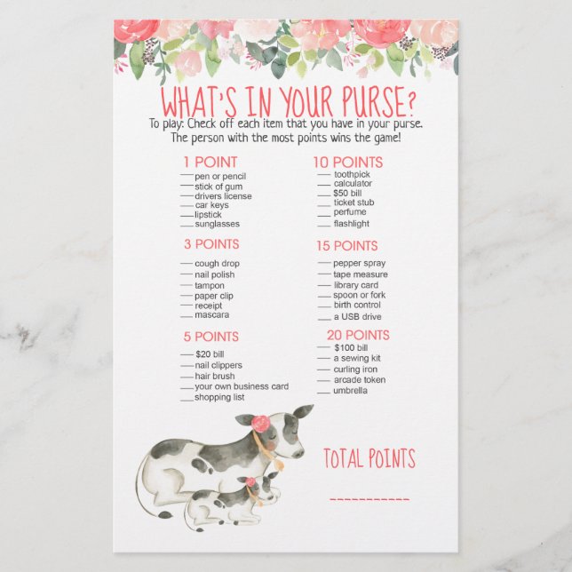 Floral Dairy Cow Farm What's in Your Purse Game (Front)