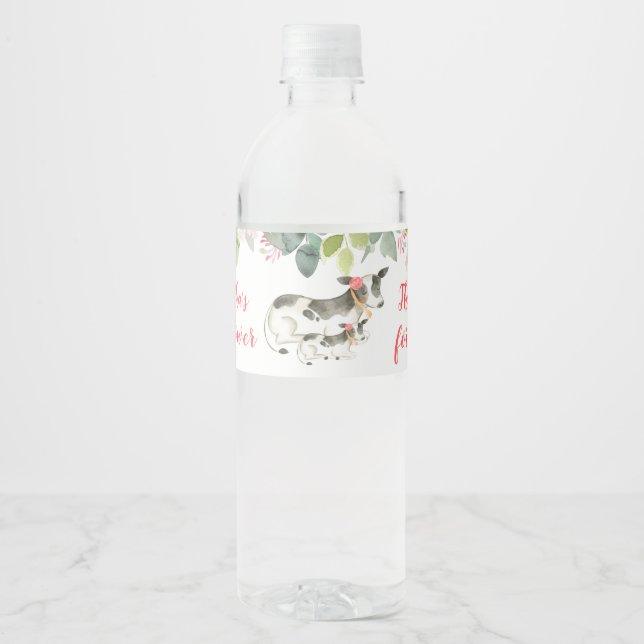 Floral Dairy Cow Girl Farm Water Bottle Label (Front)