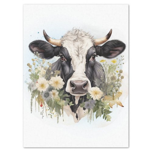 Floral Dairy Cow Holstein Friesian Watercolor Tissue Paper