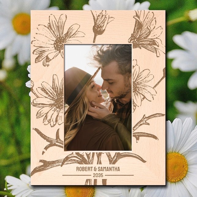 Floral Daisies Bouquet  Wood Engraved Frames (A bouquet of daisies is laser engraved on this personalized wooden picture frame.)