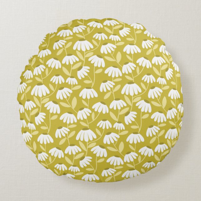 Floral Daisies Pattern Dark Gold & Olive Green Round Pillow (Front)