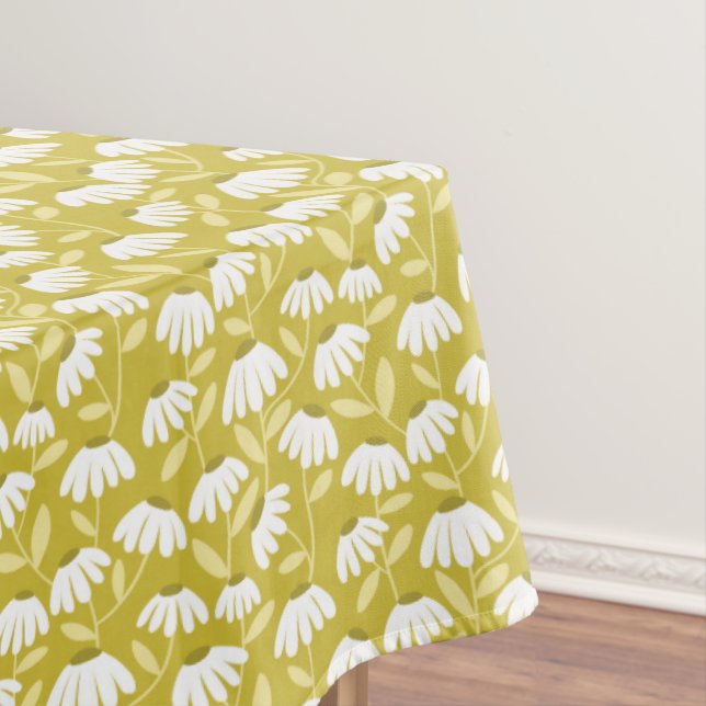 Floral Daisies Pattern Dark Gold & Olive Green Tablecloth (In Situ)