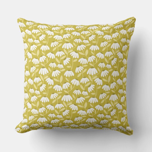 Floral Daisies Pattern Dark Gold & Olive Green Throw Pillow (Front)