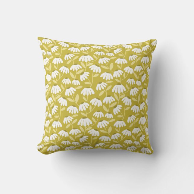 Floral Daisies Pattern Dark Gold & Olive Green Throw Pillow (Front)