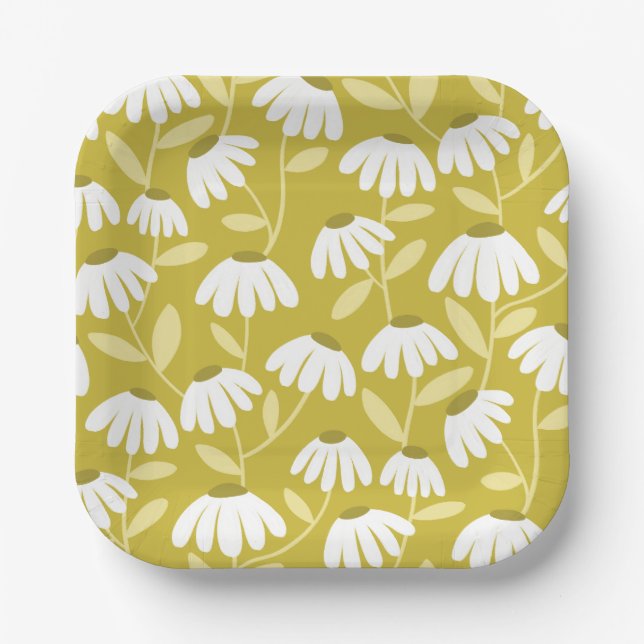 Floral Daisies Pattern Olive & Mustard Green Paper Plates (Front)