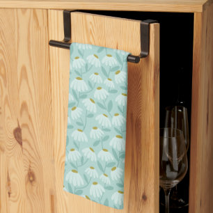 Floral Daisies Pattern Teal Blue & Olive Green Kitchen Towel