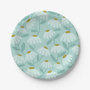 Floral Daisies Pattern Teal Blue & Olive Green Paper Plates