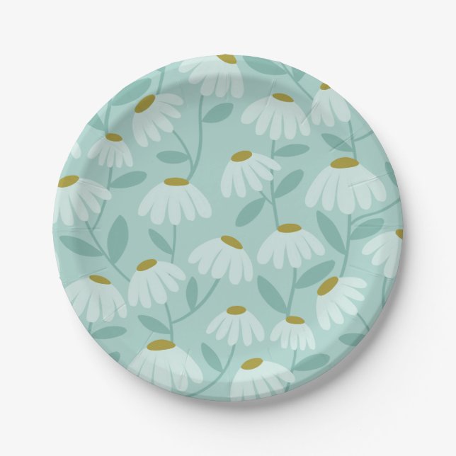 Floral Daisies Pattern Teal Blue & Olive Green Paper Plates (Front)