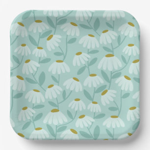 Floral Daisies Pattern Teal Blue & Olive Green Paper Plates