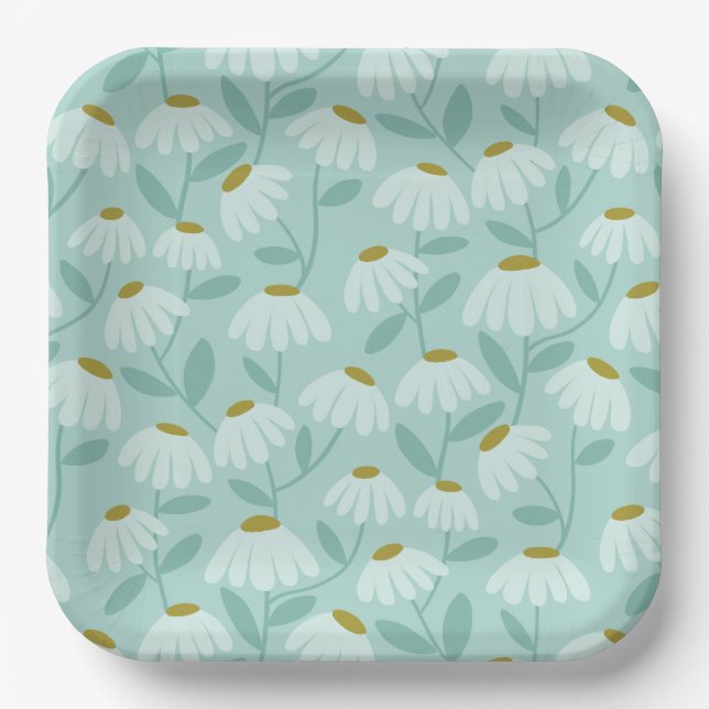Floral Daisies Pattern Teal Blue & Olive Green Paper Plates (Front)