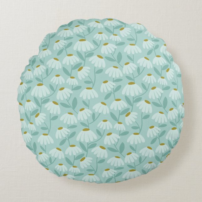 Floral Daisies Pattern Teal Blue & Olive Green Round Pillow (Front)
