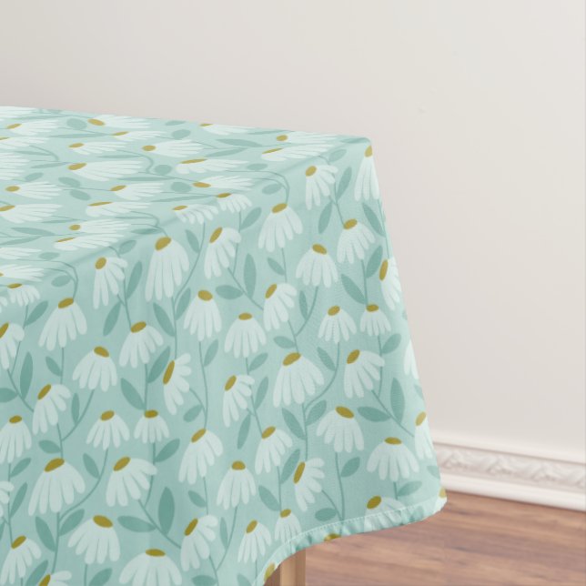Floral Daisies Pattern Teal Blue & Olive Green Tablecloth (In Situ)