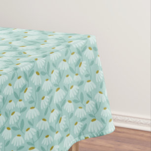 Floral Daisies Pattern Teal Blue & Olive Green Tablecloth