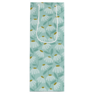 Floral Daisies Pattern Teal Blue & Olive Green Wine Gift Bag