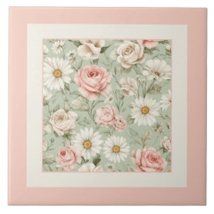 Floral Daisies Roses Watercolor Pink Ceramic Tile
