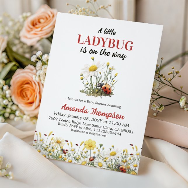 Floral Daisy A Little Ladybug Baby Shower Invitation (Creator Uploaded)