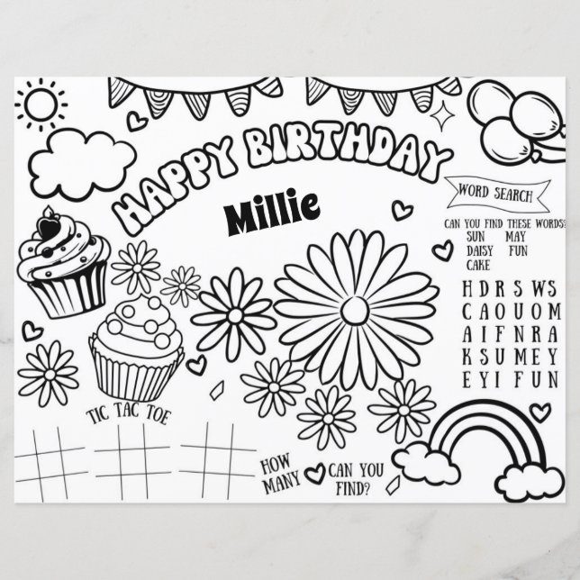 Floral Daisy Birthday Coloring Page (Front)