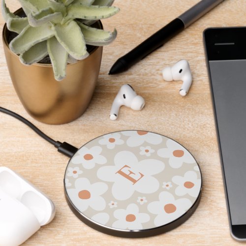 Floral daisy boho retro natural orange initial wireless charger 