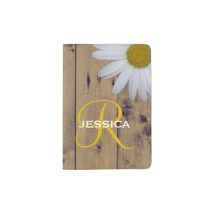 Floral Daisy Flower Rustic Wood Monogram Passport Holder