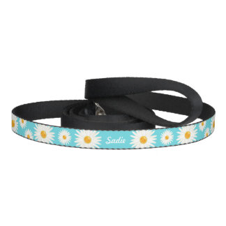 Floral Daisy Flowers On Blue And Pet's Own Name Pet Leash