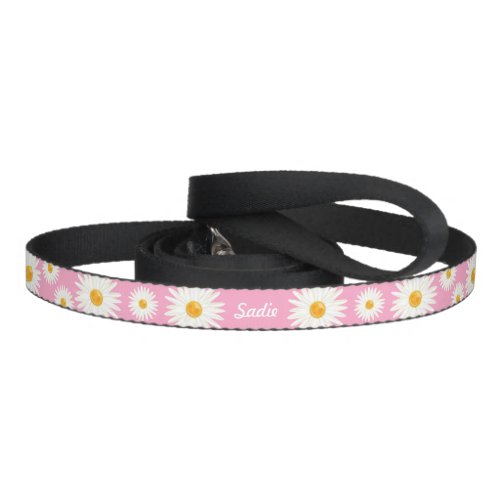 Floral Daisy Flowers On Pink And Pets Own Name Pet Leash