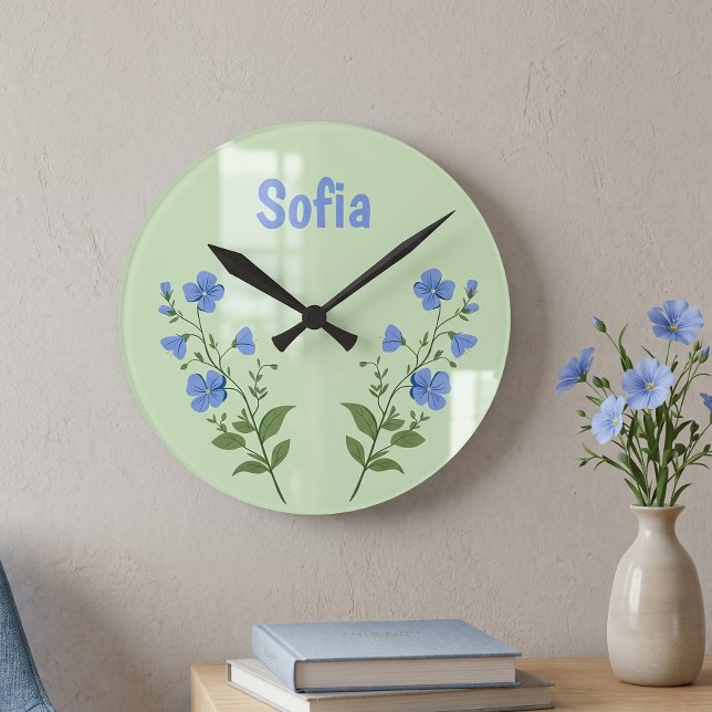 Floral daisy modern personalized cute elegant blue round clock (Creator Uploaded)