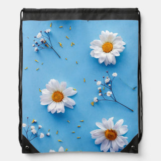 Floral Daisy Pattern - Light Blue Drawstring Bag