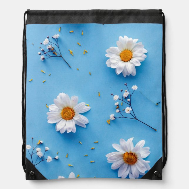 Floral Daisy Pattern - Light Blue Drawstring Bag (Front)