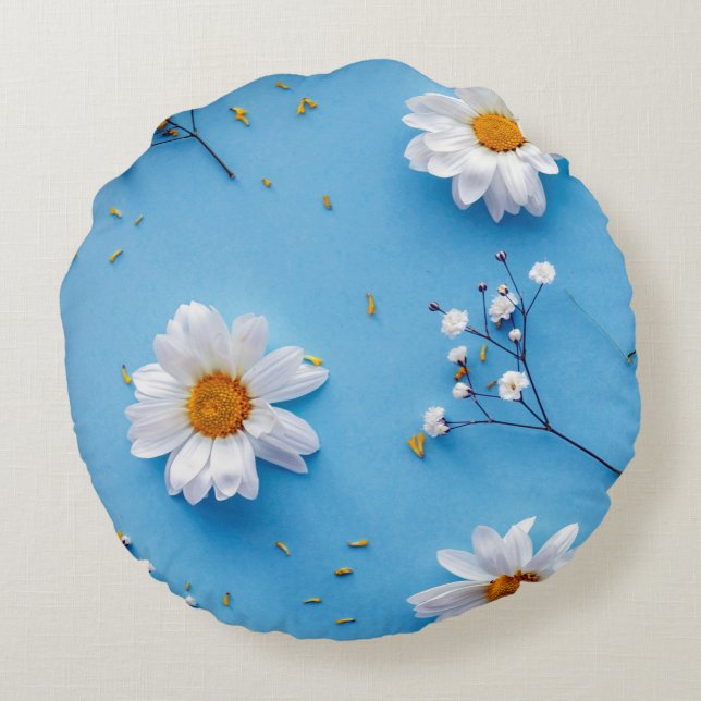 Floral Daisy Pattern - Light Blue Round Pillow (Back)