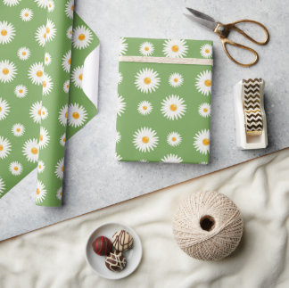 Floral Daisy Pattern On Green Color Wrapping Paper