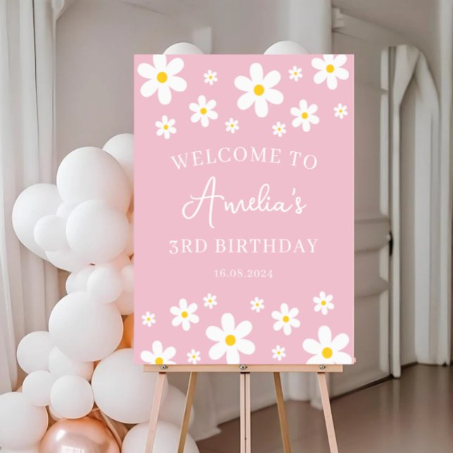 Floral Daisy Pink Birthday Party Welcome Poster (Creator Uploaded)